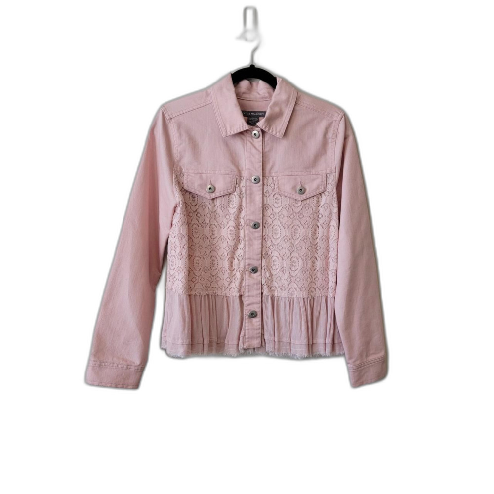 Kate & Mallory Pink Lace Button Up Jacket Frayed Hem M